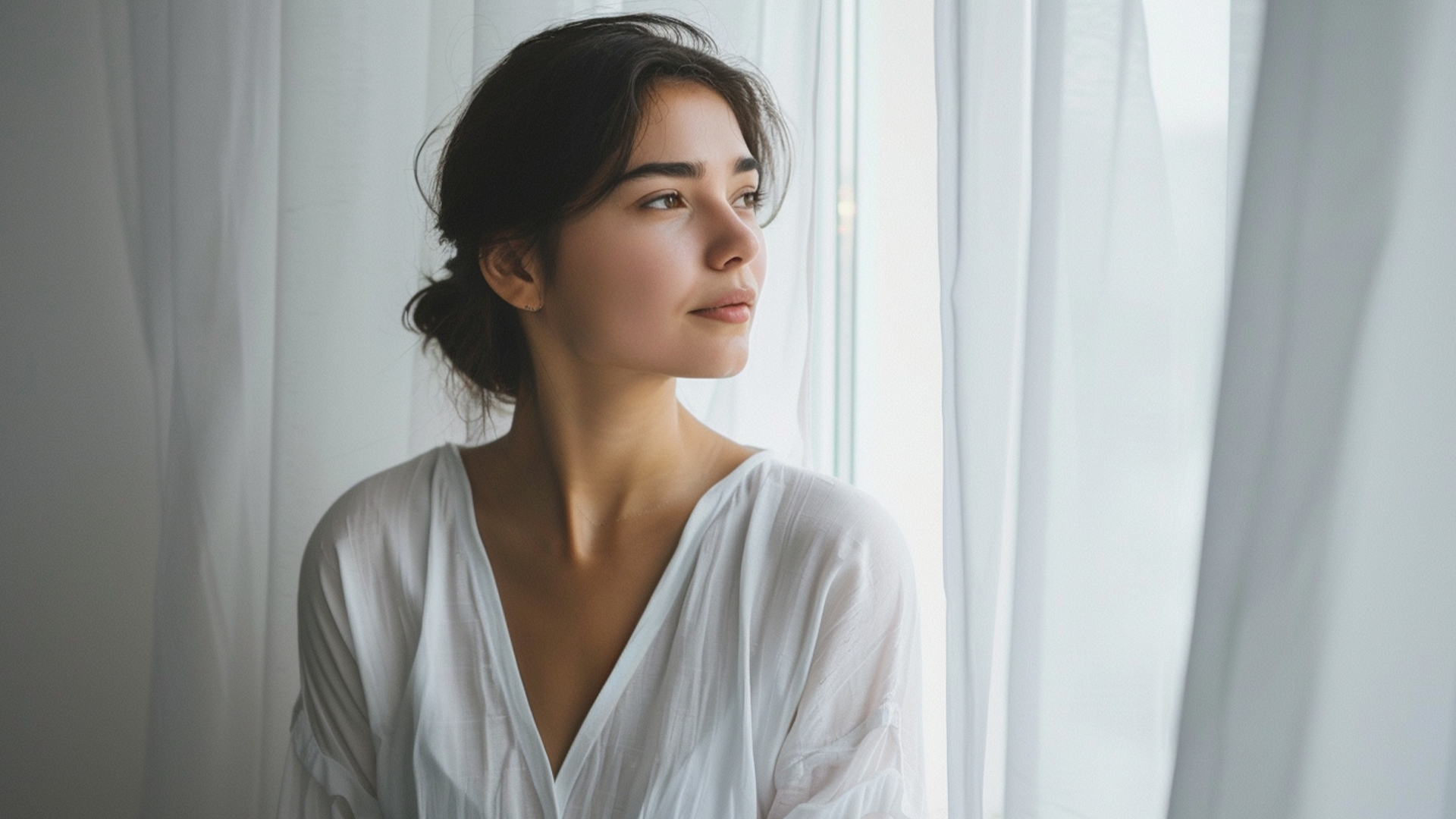 A young woman with black hair looking out a window