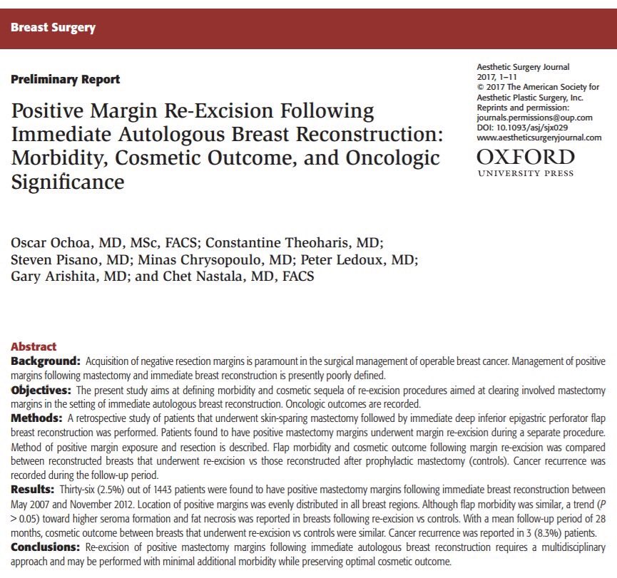 Positive Margin Re-Excision Following Immediate Autologous Breast Reconstruction Research Study from PRMA Plastic Surgery